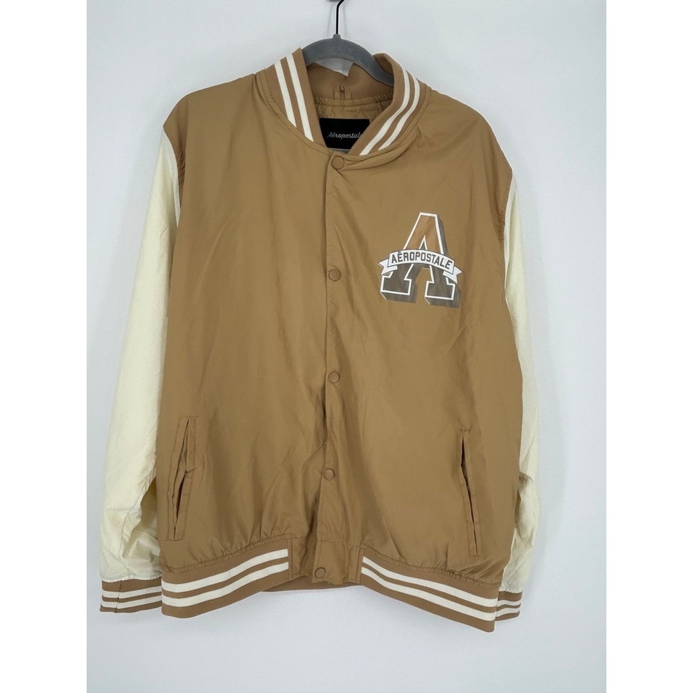 Aéropostale Mens XL Varsity Letterman Jacket Tan Cream Y2K Collegiate Bomber